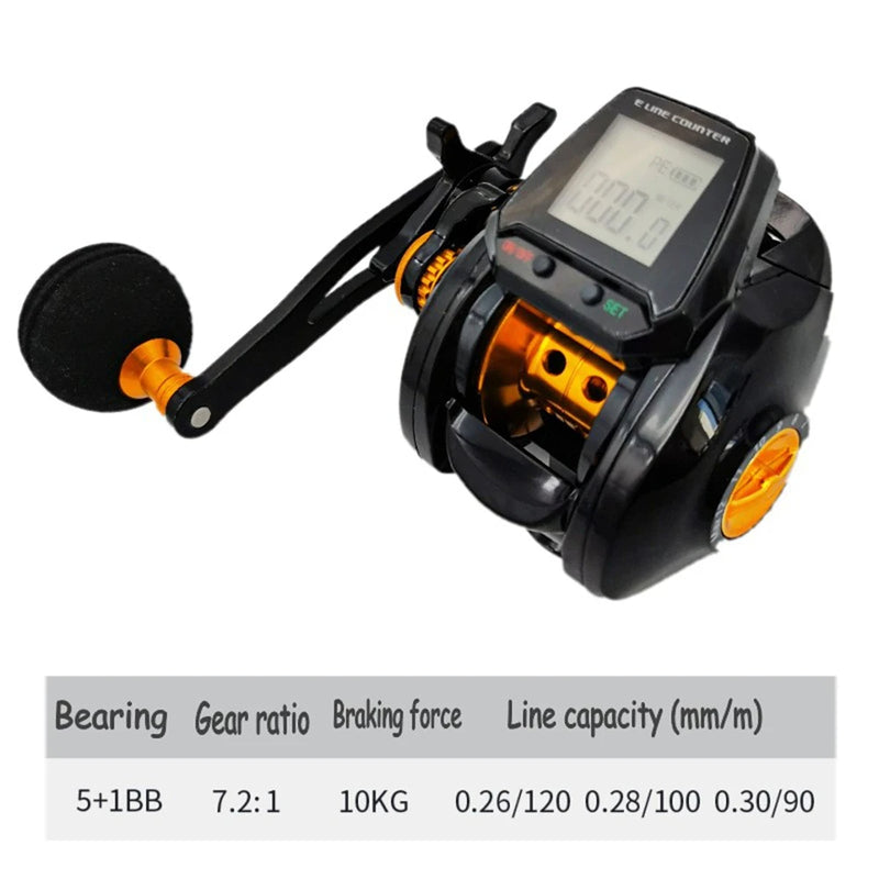 7.2:1 Digital Fishing Baitcasting Reel With Accurate Line Counter Large Display Bite Alarm Counting or Carbon Sea Fishing Rod